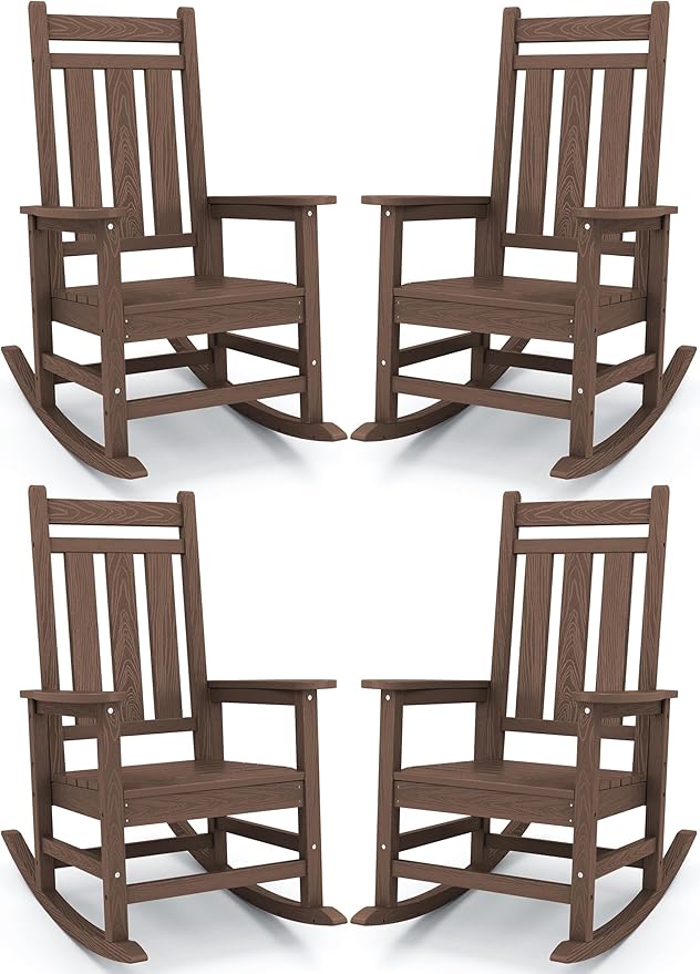KINGYES Outdoor Rocking Chair Set of 4, All-Weather Patio Rocking Chairs for Porch, HDPE Rocking Outdoor Chairs with High Back for Adult, Heavy Duty Outdoor Patio Rockers for Garden, Lawn, Brown