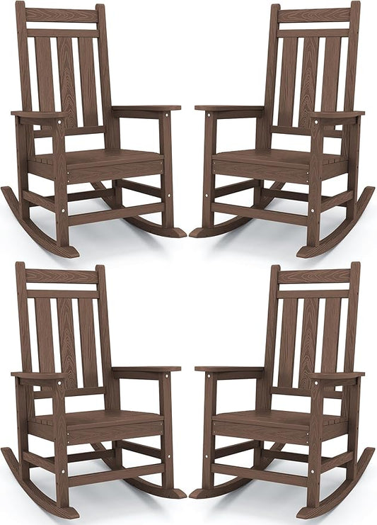 KINGYES Outdoor Rocking Chair Set of 4, All-Weather Patio Rocking Chairs for Porch, HDPE Rocking Outdoor Chairs with High Back for Adult, Heavy Duty Outdoor Patio Rockers for Garden, Lawn, Brown