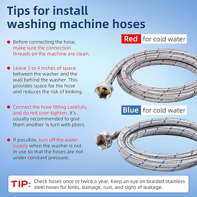 Stainless Steel Washing Machine Hoses 4FT Washer Hoses 3/4" NPT Connection Red and Blue Water Supply Lines by Fetechmate Hot and Cold Washer Hoses (2 Pack) - 10 YEAR WARRANTY
