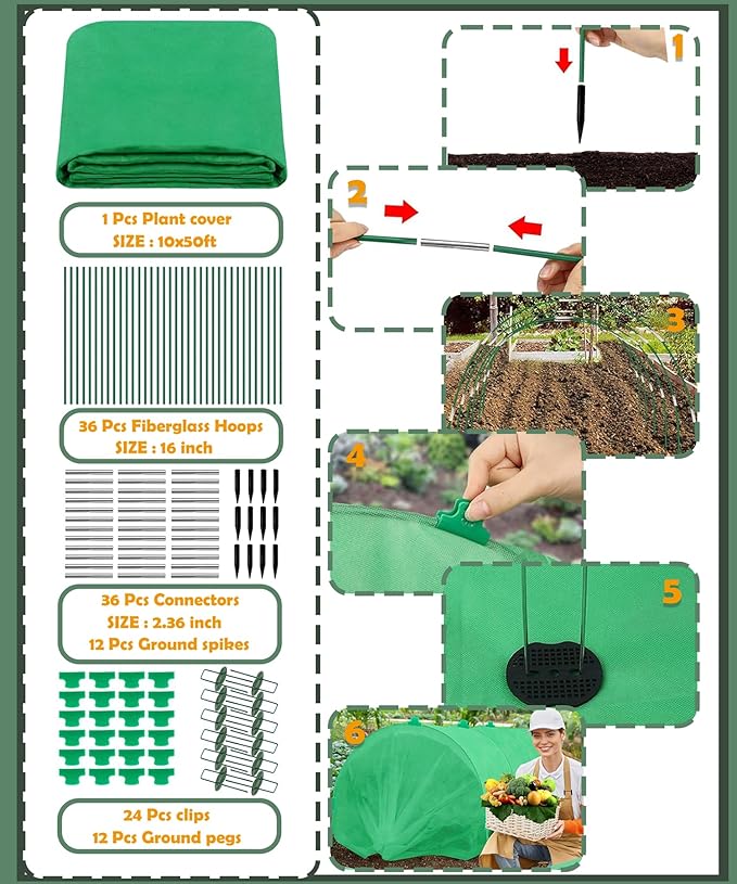 10ft x 50ft Plant Frost Protection Cover, 1.3 oz/yd² Reusable Freeze Blanket with 36 Hoops & 12 Stakes, Garden Greenhouse Tunnel for Winter Snow, Frost & Pest Protection on Outdoor Raised Beds