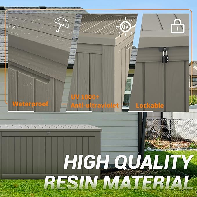 230 Gallon Large Resin deck box Waterproof,Outdoor Storage Bench,Patio Storage Box,Garden Tool Storage,UV-Resistant & All-Weather,Wood-like Striped Gray