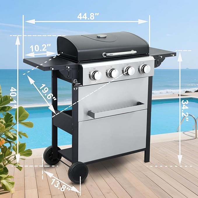 4-Burner Propane Gas Grill, Stainless Steel Control Panel, Easy Ignition, Temperature Gauge, 2-Enameled Cooking Grids, Portable With Wheels For 34,200 BTU Outdoor Barbecue BBQ Grill
