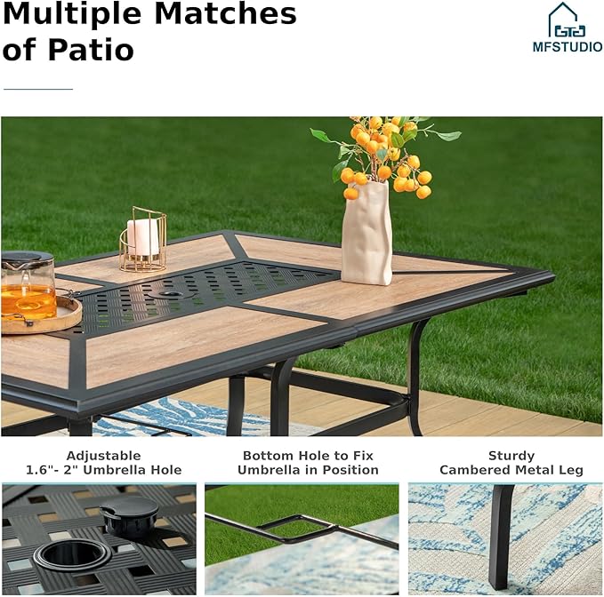 MFSTUDIO Patio Dining Sets for 6, Patio Table and Chairs Set with Umbrella Hole, Outdoor Dining Set for 6 with Cushioned Chairs, 7 Piece Outdoor Patio Furniture Set for Deck Backyard Garden