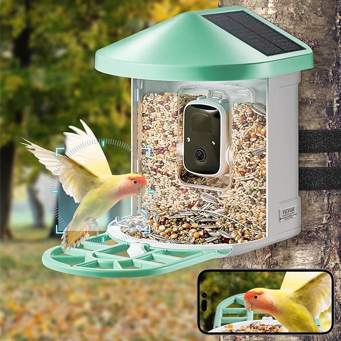 VEVOR Smart Bird Feeder with Camera, Solar Powered Bird House Camera with 2 Solar Panels, Wireless Video Birdfeeder with AI Identify, Auto Detect & Notify and 2K Full HD, Ideal Gift for Bird Lover