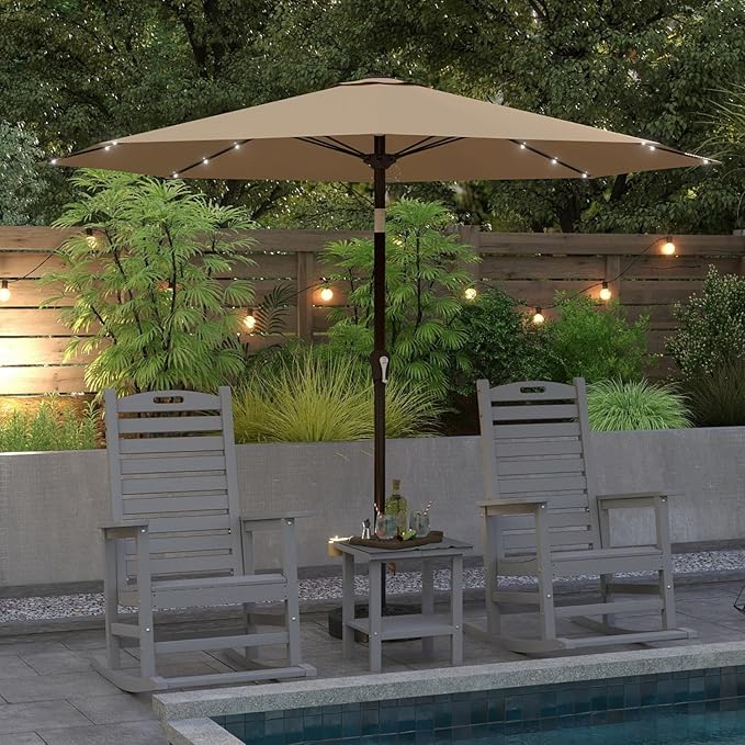 Outdoor Rocking Chairs Set of 2 with Footrest & Side Table, HDPE Modern Rocking Lawn Chair for Garden, Poolside, Deck (Grey)