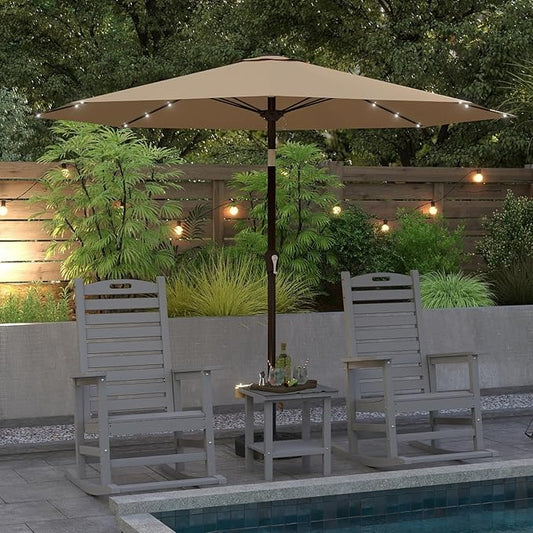 Grey Outdoor Rocking Chairs Set of 2 with Footrest, Side Table & Beige 9FT Umbrella, HDPE Rocking Lawn Chair for Garden, Poolside, Deck, Weatherproof Porch Rocker