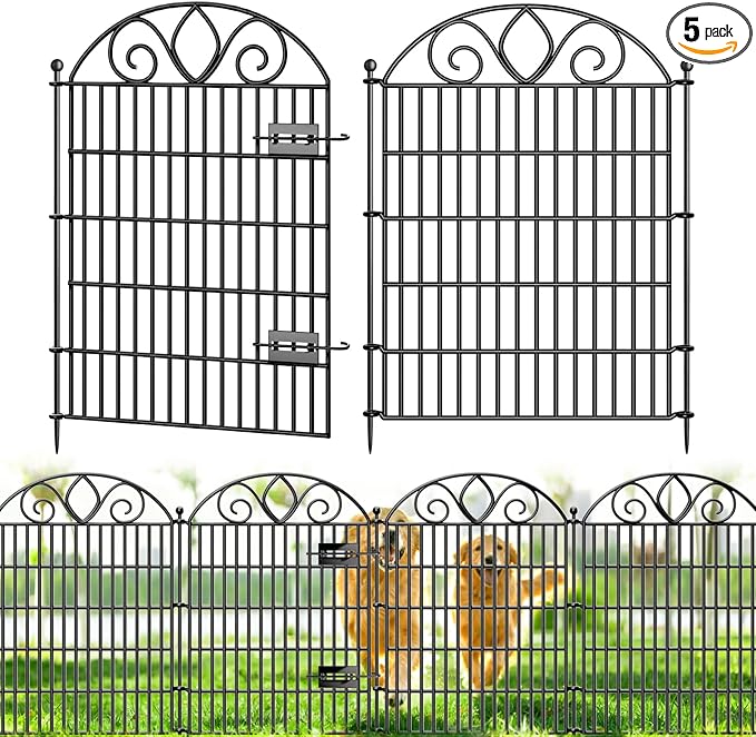 5 Panels No Dig Tall Garden Fence with Gate – 34" H X 11' L Rustproof Metal Dog Fence Outdoor for Yard, Decorative Animal Barrier Fence for Pet, Garden Border, Patio, Flower | Temporary Fencing