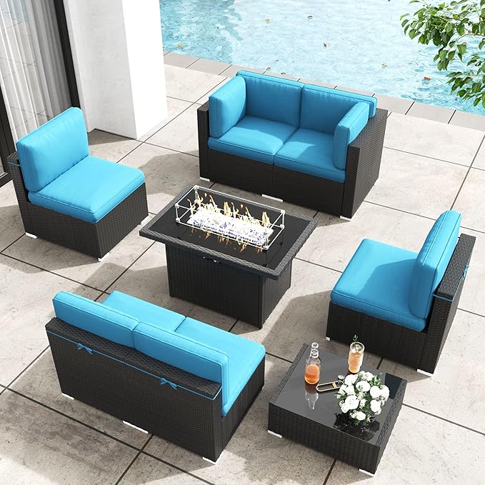 Patio Furniture Set with Fire Pit Table, 8 Pieces Outdoor All-Weather Wicker Conversation Sectional Chair Sofa Set