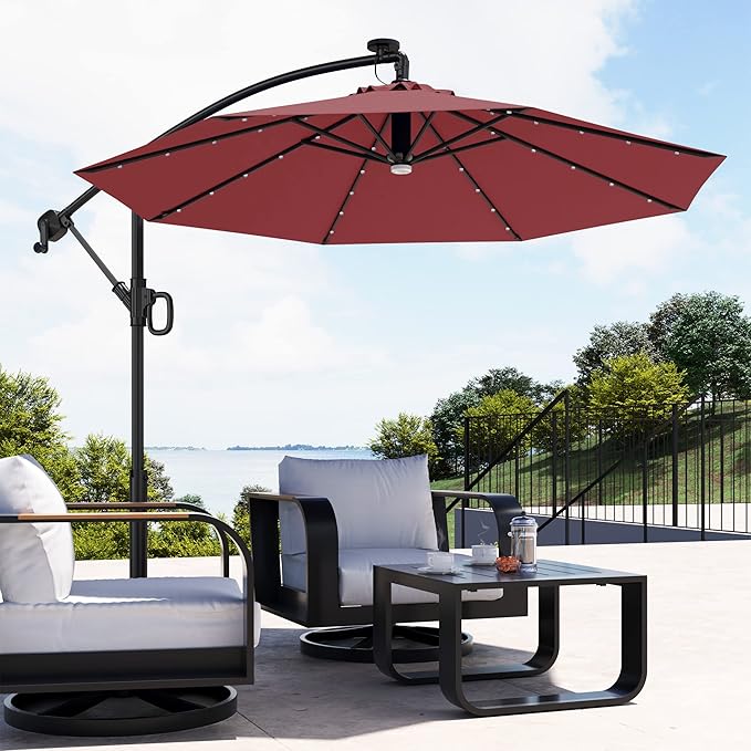 EAST OAK Patio Umbrella, 10 ft Outdoor Offset Umbrella with 8 Ribs, 40 LED Solar Lights and Crank, Aluminum Pole and UPF 50+ Fade Resistant for Garden, Deck and Poolside, New Red