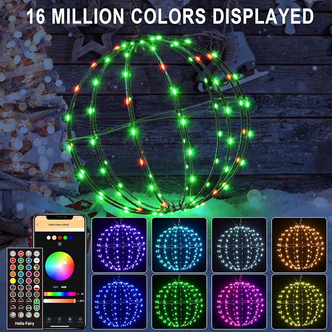 3 Pack 12” Outdoor/Indoor LED Christmas Light Balls, Smart Hanging Tree Decor Sphere Lights, Dimmer Color Changing, App & Remote Control, Timer, Waterproof, Holiday, Patio, Wedding Decor
