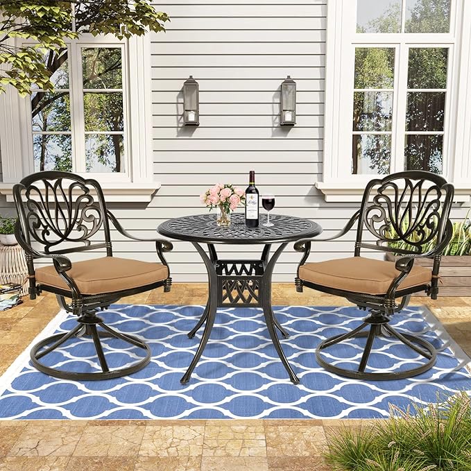 VIVIJASON 3-Piece Patio Furniture Dining Set, Outdoor All-Weather Cast Aluminum Bistro Set, Include 2 Swivel Chairs and 31" Round Table w/Umbrella Hole for Balcony, Lawn, Garden, Antique Bronze