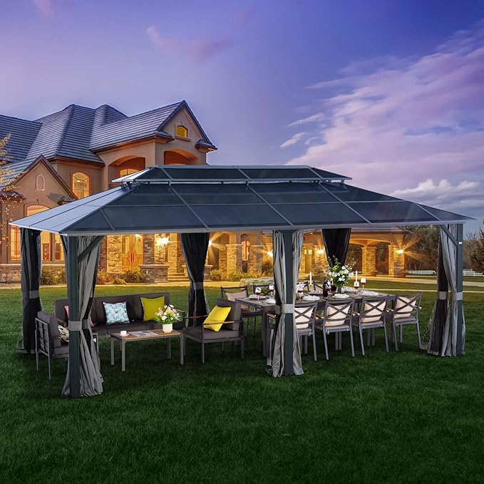 LeDoasis Nebula 12'x20' Hardtop Gazebo with Breathable Netting & Privacy Curtain, Permanent Outdoor Aluminum Patio Gazebo, Polycarbonate Double Roof Canopy, for Patio Lawn and Garden,Parties