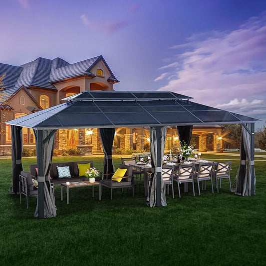 LeDoasis Nebula 12'x20' Hardtop Gazebo with Breathable Netting & Privacy Curtain, Permanent Outdoor Aluminum Patio Gazebo, Polycarbonate Double Roof Canopy, for Patio Lawn and Garden,Parties