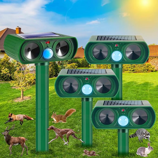 4 Pack Ultrasonic Animal Repellent Outdoor Deer Repellent Devices Solar Animal Repeller Waterproof, Motion Activated Animal Deterrent to Scare Cat Squirrel Rabbit Raccoon Skunk for Yard Garden Lawn
