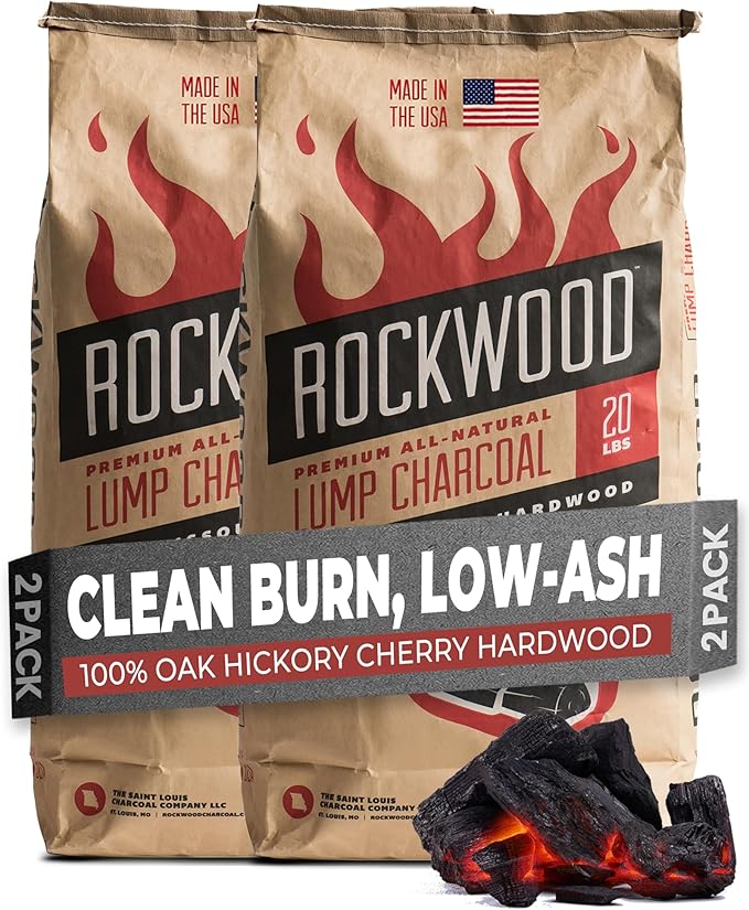 Rockwood Natural Lump Charcoal – Oak, Hickory & Cherry Hardwood Blend for Barbecue Smoking, High-Heat Grilling, & Outdoor Cooking – Clean Burning, Ideal for Kettle & Kamado Grills – 20lbs (2 Packs)