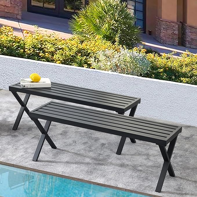 Black Outdoor Bench Set of 2, 46" Outdoor Metal Backless Bench for Outdoor, Patio Garden Bench, All Weather Outdoor Bench with cors for Garden, Backyard, Porch, Black
