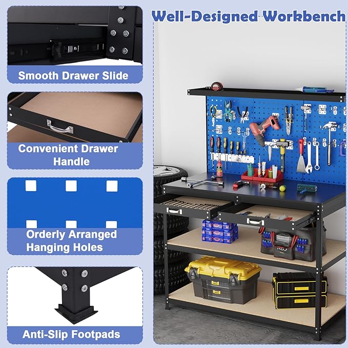 Goplus Workbench with Drawers, 48" x 24" Heavy-Duty Work Table with 3 PCS Pegboard & 4 Shelves, 24 Hanging Accessories, 506 LBS Capacity, Metal Tool Storage Work Bench for Garage, Workshop