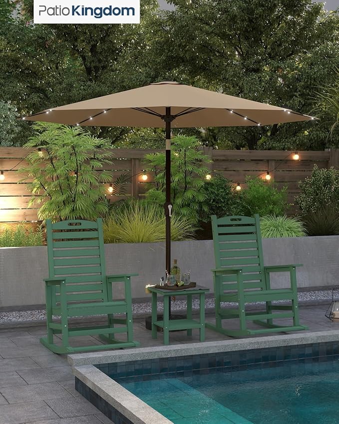 Outdoor Rocking Chairs Set of 2 with Footrest & Side Table, HDPE Modern Rocking Lawn Chair for Garden, Poolside, Deck (Green)