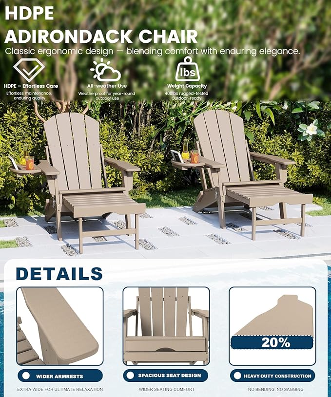 FOOWIN Folding Adjustable Adirondack Chair with Retractable Ottoman Set of 4, HDPE Adirondack Chair w/4 in 1 Cup Holder Trays,All-Weather Resistant Fire Pit Chair for Outdoor Patio Lawn, Brown