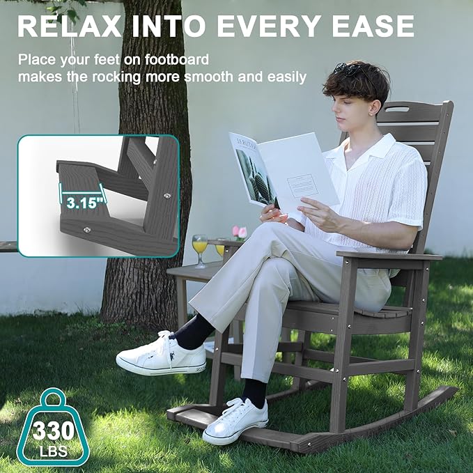 Outdoor Rocking Chair Set of 4 with Removable Footboard for Adults, HDPE High Back Patio Rocking Chairs, 330lbs All Weather Porch Rocking Chairs for Outdoor & Indoor -Grey
