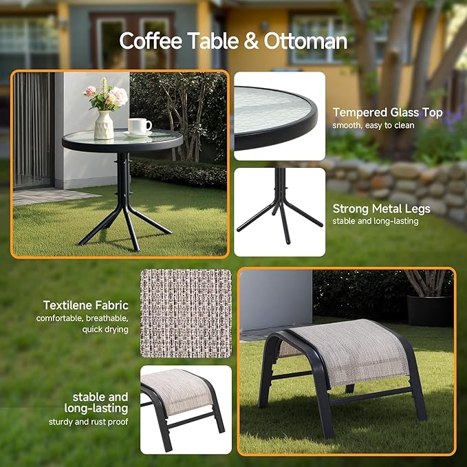 5 Pieces Patio Bistro Set with 2 Patio Chairs and 2 Ottomans, Outdoor Furniture Set with with a Table and Chairs for Poolside, Balcony, Porch, Lawn, Deck, Garden