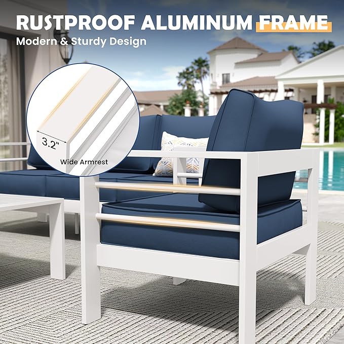 Amopatio Aluminum Patio Furniture Set, 10 Pieces Modern Patio Conversation Sets, Outdoor Sectional Metal Sofa with Coffee Table for Balcony, Garden, White&Blue (Included Waterproof Covers)