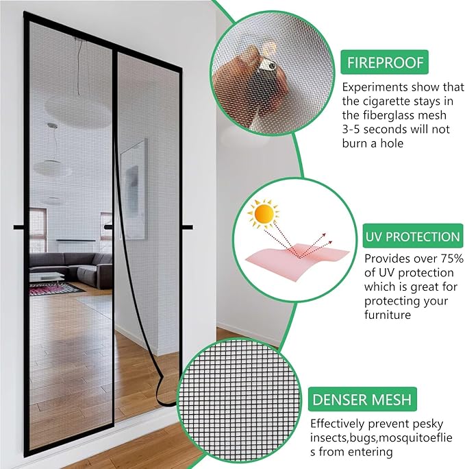 RELIANCER Fiberglass Magnetic Door Screen,Fit Door Size 48"x80",Auto Close Screen Door Mesh w/Magnets,Patio Doorway Net Screens,Self-Closing Doors Cover,Anti Mosquito Doorway Curtain,Mesh Partition