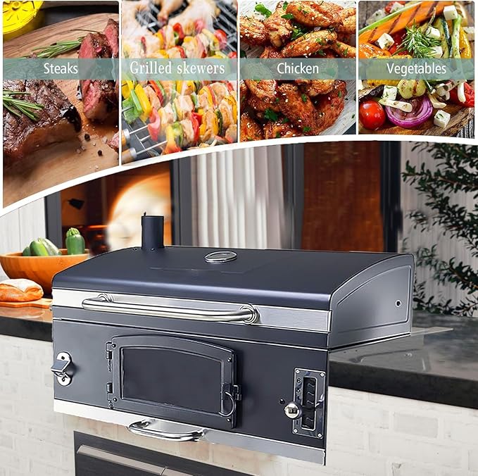 Built-in Barbecue Grills, Large Charcoal BBQ Grills with Liftable Tray, Insulated Hood & Temp Gauge, Black Stainless Steel Charcoal BBQ Barrel Grill for Outdoor Kitchen Camping Park Style
