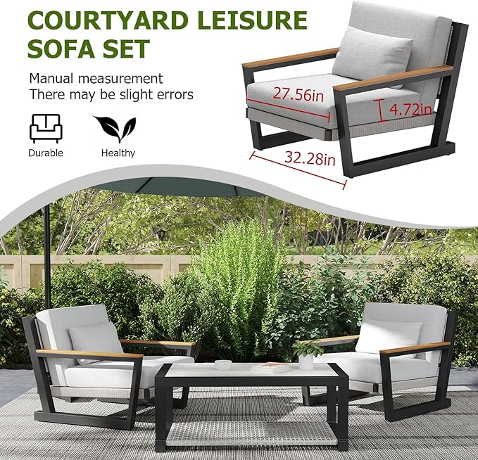 Aluminum Patio Sofa Set with PE Rope Weaving, 500lbs Capacity Outdoor Conversation Set, Waterproof UV-Resistant Cushions & Powder-Coated Frame, Modern Sectional for Poolside, Garden Grey