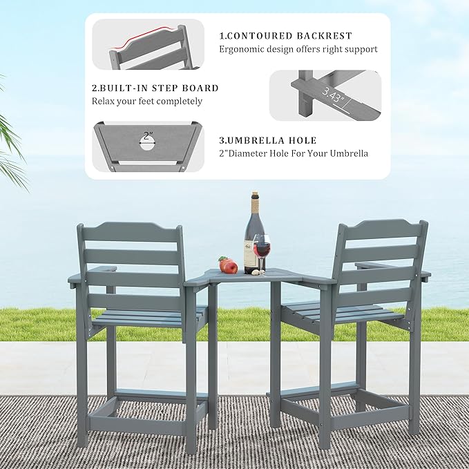 OTSUN Tall Adirondack Chair Set of 2, HDPE Counter-Height Balcony Chairs for Garden, Backyard, Poolside, Capacity 220LBS (2 PCS, Grey)