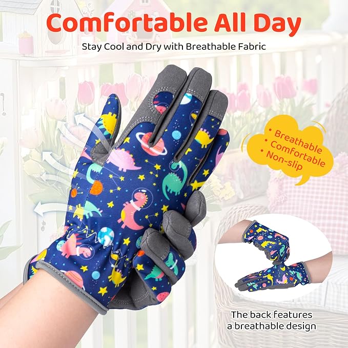 Gardening Gloves for Boys Girls Ages 8-12, Breathable Soft Safety Garden Yard Work Gloves for Kids Children Leather Thorn Proof for Playing, Digging, Planting,Pruning