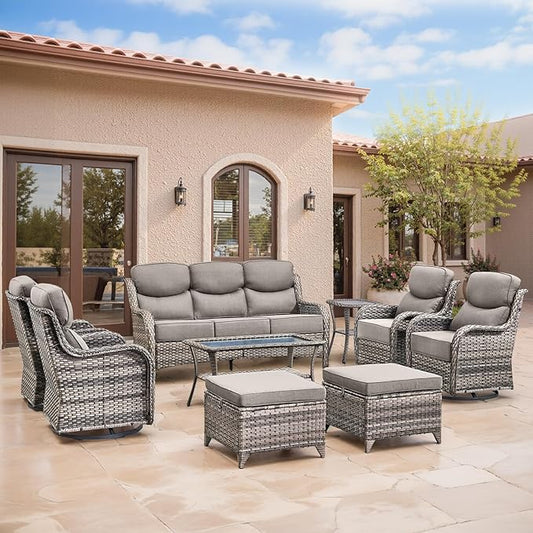 Swivel Patio Chairs sofa Set of 9 with 6" Thick Cushion - Wicker Outdoor Swivel Rocker Patio Chair ,Sofa/Glass coffee table, High Back Comfortable Outdoor Glider Chairs - Grey Wicker | Grey Cushions