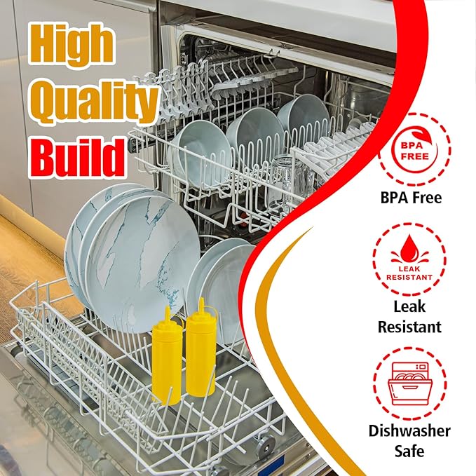 Squeeze Bottles for Sauces,Leak-Proof Condiment Dispenser, BPA-Free Kitchen Restaurant Squeeze Bottle Set with Wide Mouth for Ketchup, Mustard,Syrup,Dressings (Yellow, 2Pack-12oz(300ml))