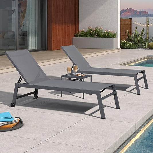 PURPLE LEAF Outdoor Chaise Lounge Set for 2 Oversized Pool Lounge Chairs with Easy-to-Move Wheels and Adjustable Backrest Extra Large Patio Loungers for Poolside Beach Table Included, Charcoal Grey