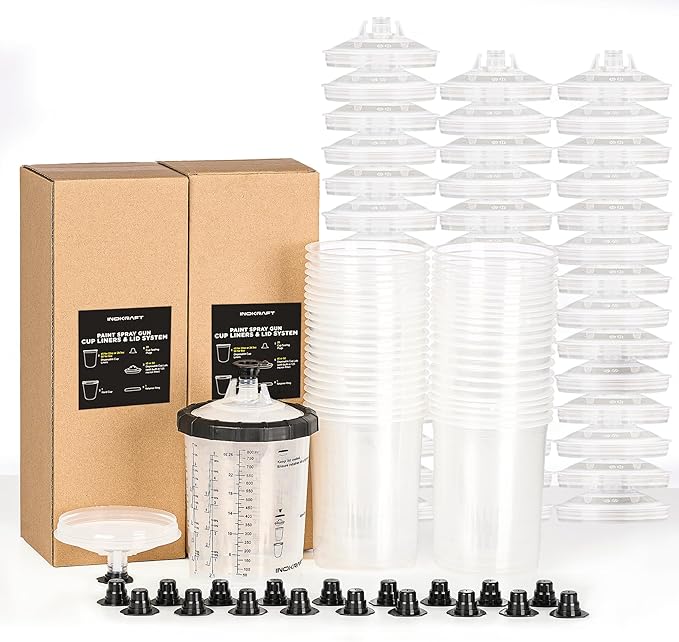 InoKraft Disposable Paint Spray Gun Cup, Paint System for HVLP and LVLP Paint Spray Paint Gun, Large 28 Ounce (800ml) Kit with 45 Cups and Lids System, 1 Hard Cup with Retainer Ring and 20 Plugs