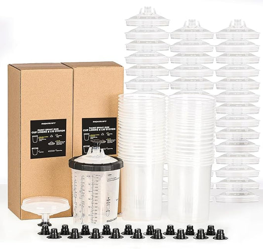 InoKraft Disposable Paint Spray Gun Cup, Paint System for HVLP and LVLP Paint Spray Paint Gun, Large 28 Ounce (800ml) Kit with 45 Cups and Lids System, 1 Hard Cup with Retainer Ring and 20 Plugs