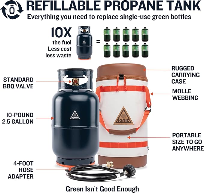 Ignik Refillable Gas Growler X 10-Pound Propane Tank with Carry Case and Adapter Hose, Black Case/Blue Tank