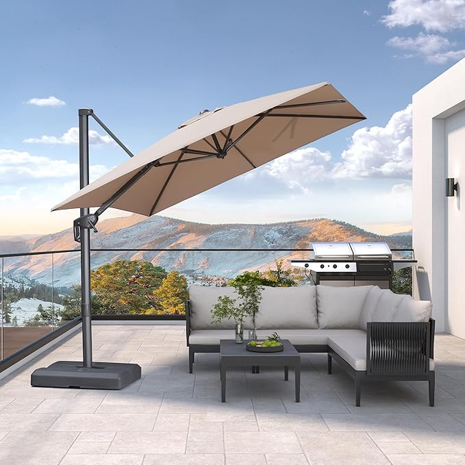 PURPLE LEAF 8 FT Cantilever Patio Umbrella Outdoor Aluminum Offset Square Umbrella with 3 Years Fade Resistance Recycled Fabric and 360-degree Rotation for Deck Pool Garden, Sand Dune