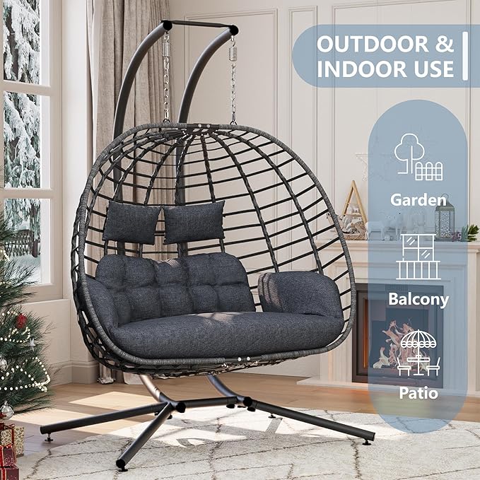 SWITTE Double Egg Swing Chair with Stand, Outdoor Patio 2 Person Hanging Wicker Hammock Chairs with Cushion for Indoor Bedroom, Lawn, Garden-Dark Grey