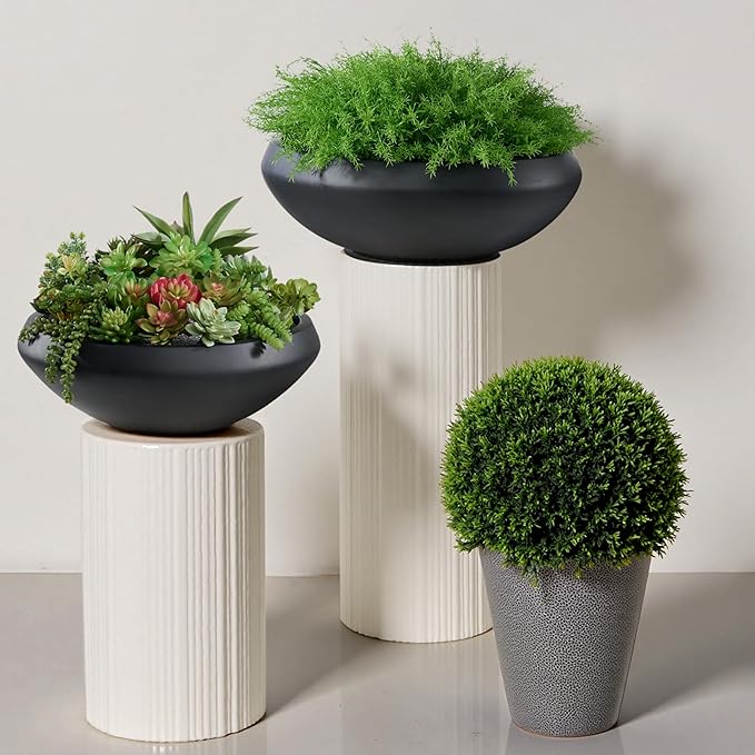 Concrete Bowl Planter, 19"Dia Large Succulent Pot with Drain Hole, Lotus Planter 16.7"Opening Flowerpot for Herbs, Bonsai, and Shallow-root Plants, Indoor & Outdoor Garden, Patio Decor, Medium-Black
