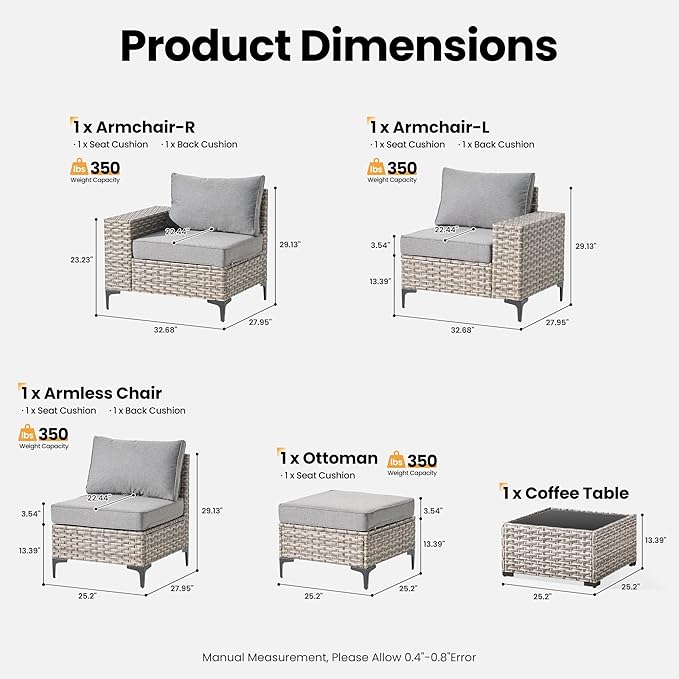 ovios 5 Pieces Patio Furniture Set Outdoor Sectional Sofa Couch with Deep Seat Chaise Comfy Cushions, Modern Modular Wicker Rattan Conversation Set Porch Deck Garden, Dark Grey