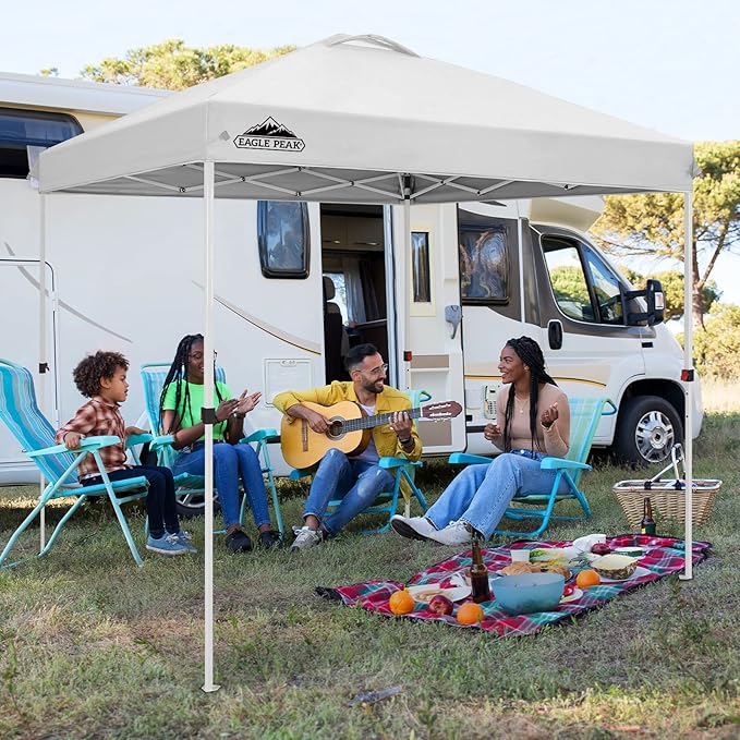 EAGLE PEAK Pop Up Canopy Tent with Wheeled Carry Bag, 8 Stakes, 4 Ropes, Easy Set Up Tent Canopy, 8x8 ft White