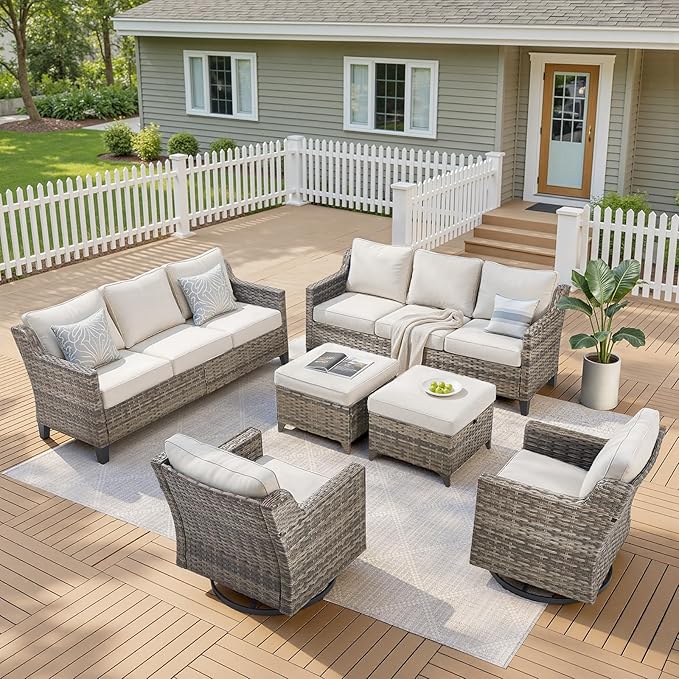 Outdoor Patio Furniture Set-6 Piece High Back Outdoor Furniture Set Sectional Sofa with Wicker Swivel Rocker Patio Chairs,Thick Cushions Ottomans for Porch Balcony Patio Deck Grey/Beige
