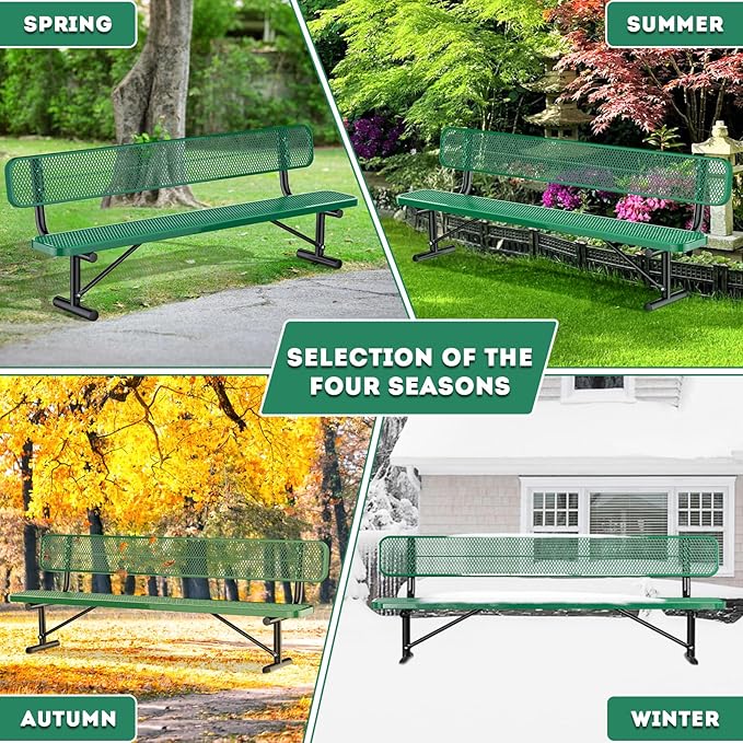 8Ft Outdoor Bench with Back Portable Frame, Outdoor Steel Park Bench with Backrest, Expanded Metal Mesh Bench for Outside, Lawn, Backyard, Park, Deck, Garden, Patio, Porch, Green