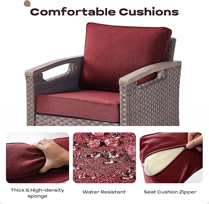 Rilyson Wicker Outdoor Patio Furniture Set - 6 Piece Patio Conversation Sets with Swivel Rocker Chairs, Sofa, Ottomans and Side Table, Thick Cushions, Waterproof Wicker, for Porch Deck Brown/Red