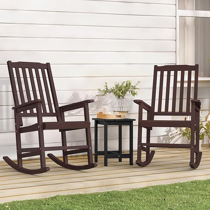 Outdoor Rocking Chairs Set of 2, Rocking Chair Outdoor All Weather Wooden Rockers, Heavy Duty 350lbs, High Back Wide Seat Patio Chairs for Porch, Backyard, Garden, Espresso