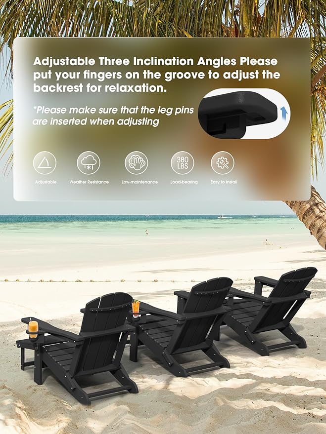 KINGYES Folding Adjustable Adirondack Chair with Retractable Ottoman Set of 6, HDPE All Weather Chair with Cup Holder - Versatile Adirondack Chair, Black