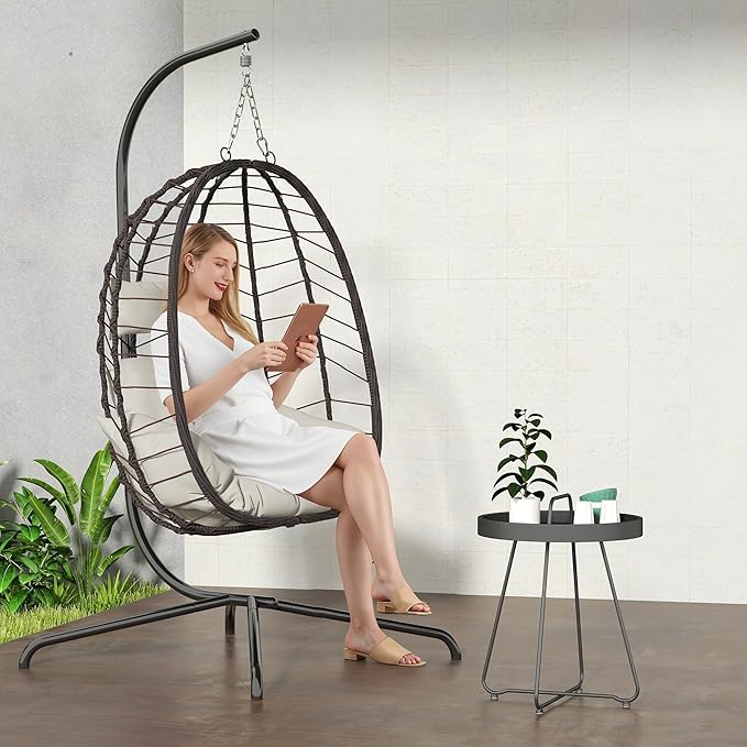 Hanging Egg Chair with Stand, Swinging Egg Chair Outdoor Indoor, Hanging Basket Chair with Cushion, Patio Wicker Hammock Chair 350lbs Capacity for Bedroom, Porch, Balcony, Backyard, Garden (Beige)