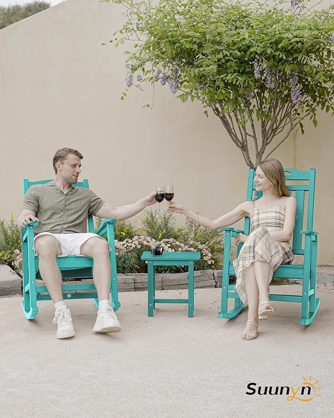Oversized Outdoor Rocking Chair Set of 4, High Back Porch Rocker Chair, HDPE All Weather Resistant Rocking Chairs for Patio, 383lbs Weight Capacity, Lake Blue