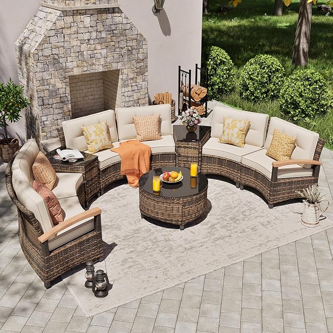 MEISSALIVVE 9 Piece Outdoor Patio Furniture Set, Half-Moon Curved Sectional Sofa Rattan Conversation Set with Wood Armrests, Coffee Table & Side Table（Brown）